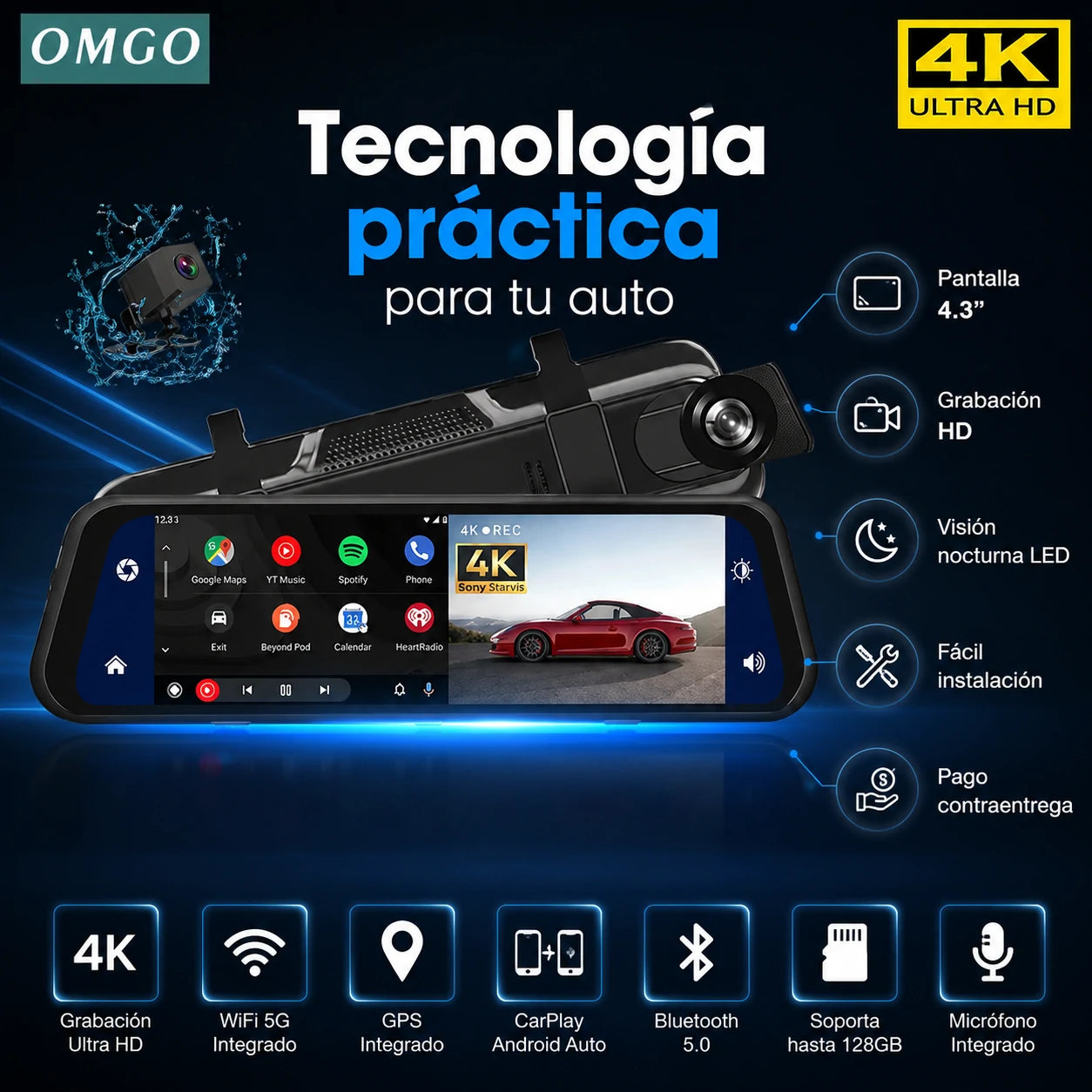 DriveVision 360 | Espejo Retrovisor con Cámara Delantera y Trasera para Auto